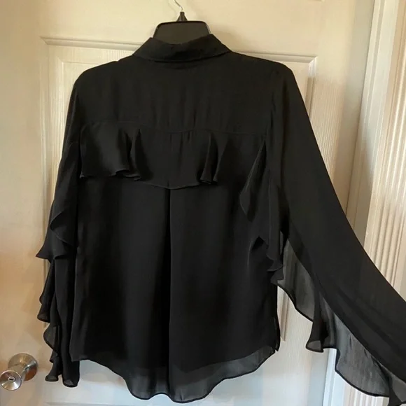 Nicole Miller Collection Silk Blouse Black Sheer Ruffles Small Whimsigoth Witchy - Picture 3 of 7
